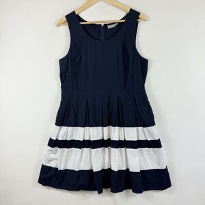 eShakti Women's XL 16 Blue‎ White Stripe Sleeveless Nautical Fit Flare Dress